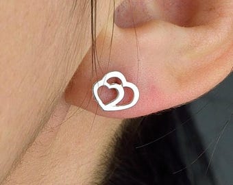 Tiny Heart Stud Earrings 925 Silver, Minimalist Double Heart Earrings, Dainty Romantic Jewelry, Gift for Her, Everyday Studs