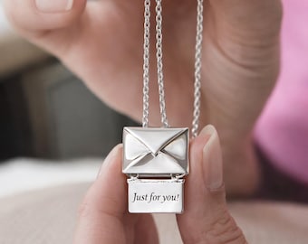 Personalized Silver Envelope Necklace – Custom Engraved Love Letter, Handmade Sterling Silver Gift for Her