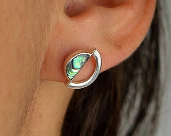 Abalone Stud Earrings Silver 925 Round Stud Earrings Shell Earrings Statement Stud Gift for Her Handmade Jewelry