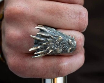 Dragon Ring Sterling Silver 925 Handmade Statement Ring, Gothic Unisex Fantasy Ring, Massive Oxidized Silver Dragon Head Ring