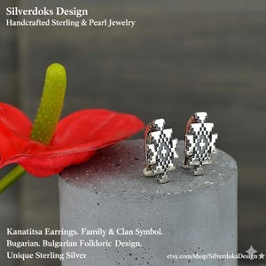 Sterling Silver Bulgarian Embroidery Earrings – Kanatitsa Symbol Jewelry, Handmade Ethnic Dangle Earrings, Folk Heritage Gift for Women