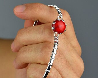Sterling Silver Adjustable Bracelet with Coral or Citrine, Handmade Designer Bangle, Modern Sculptural Jewelry, Statement Gift for Her