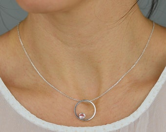 Morganite Circle Necklace 925 Sterling Silver Minimalist Pendant Pink Gemstone Necklace Geometric Jewelry Gift for Her