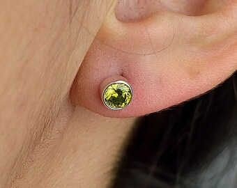 Olive Green Stud Earrings 925 Sterling Silver, 5mm Olive Zirconia Studs, Minimalist Handmade Earrings, Tiny Everyday Gift for Her
