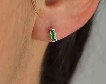 Green Baguette Stud Earrings Silver 925 Emerald Stud Earrings Minimalist Tiny Stud Earrings Handmade Jewelry Gift