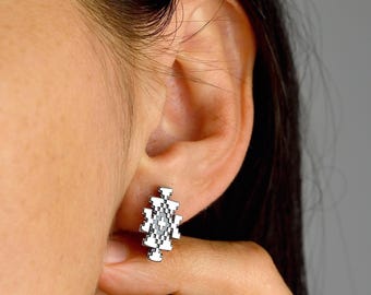 Sterling Silver Bulgarian Embroidery Earrings – Kanatitsa Symbol Jewelry, Handmade Ethnic Dangle Earrings, Folk Heritage Gift for Women