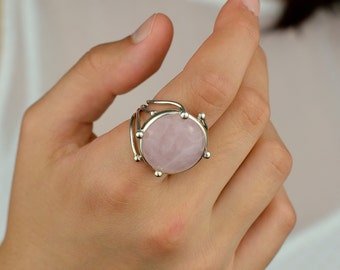 Rose Quartz Statement Ring 20mm, Large Gemstone Ring 925 Silver, Pink Crystal Ring, Bold Cocktail Ring, Handmade Luxury Jewelry