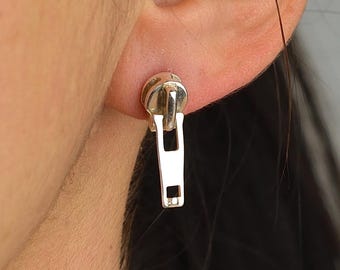Sterling Silver Zipper Stud Earrings 925, Punk Zip Earrings, Edgy Minimalist Studs, Industrial Jewelry Gift