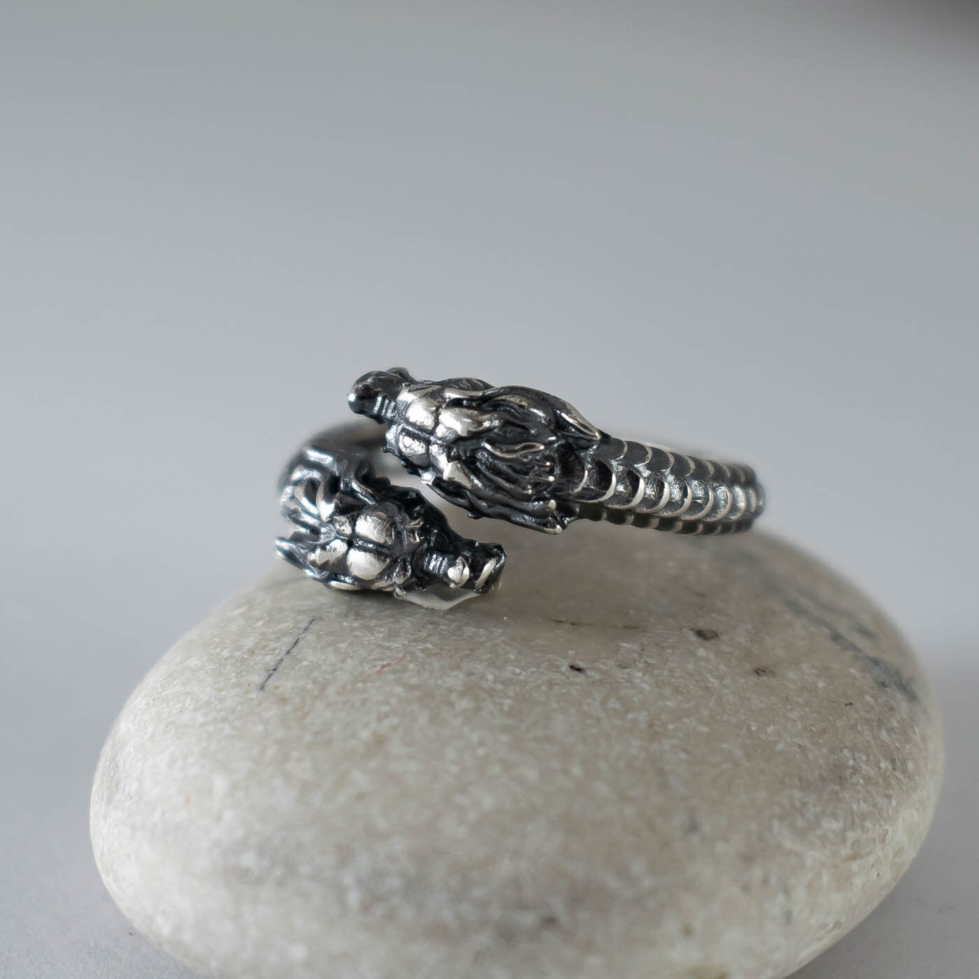 Two Dragon Rings Chinese Dragon Ring Two Heads From Oxidized Sterling Silver, Mens ...