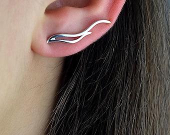 Silver Ear Climbers 925, Minimalist Climber Earrings, Handmade Ear Pin Earrings, Modern Dainty Silver Jewelry, Gift for Her