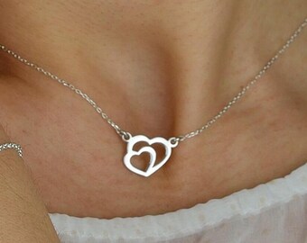 Double Heart Necklace Silver 925, Sterling Silver Heart Necklace, Minimalist Love Necklace, Romantic Gift for Her, Couples Jewelry