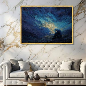 Contemplative Figure in Blue Abstract Swirls Canvas Wall Art, Emotional Expression Painting, Modern Home Decor, Inspirational Canvas