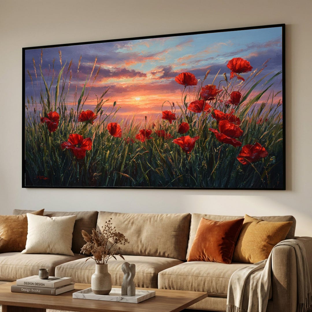 Red Poppy Field Canvas, Sunset Meadow Landscape Painting, Floral Wall ...
