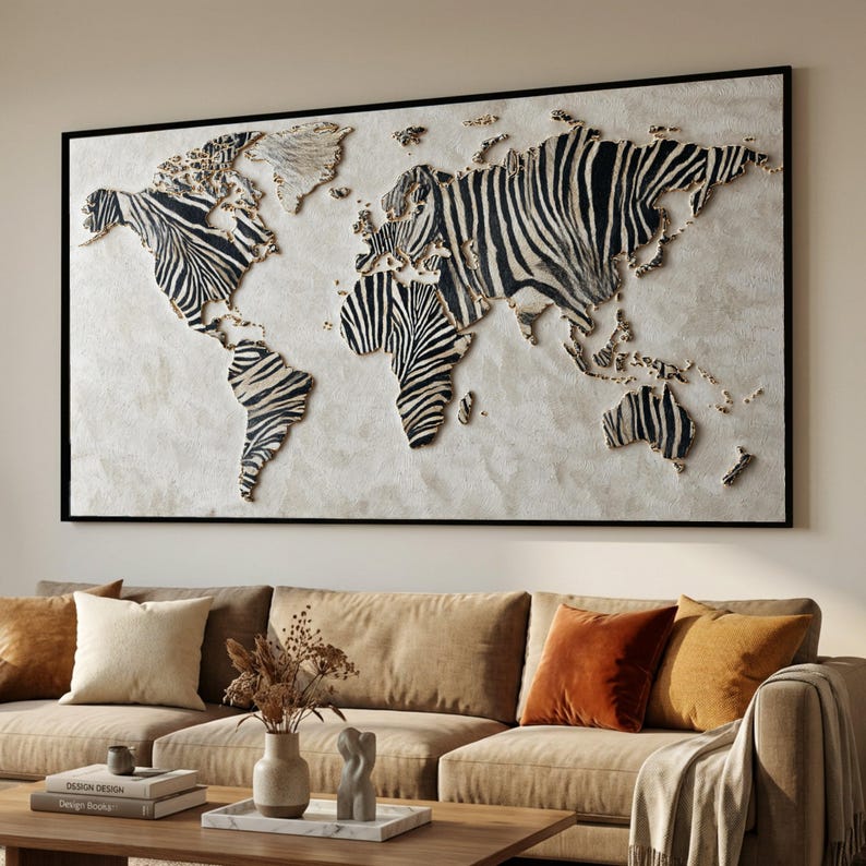 Zebra Print World Map Canvas, Modern Safari Wall Art - Etsy