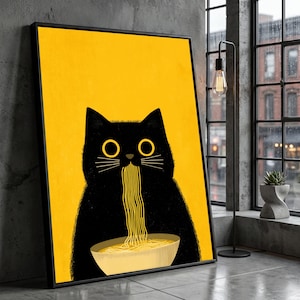 Whimsical Black Cat Eating Noodles Canvas, Cute Animal Illustration, Modern Kitchen Wall Art, Playful Home Decor, Vibrant Yellow Background