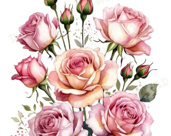 Imágenes prediseñadas de rosas rosadas en acuarela / Ramos florales (descarga digital)