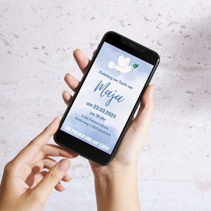 Einladung zur Taufe digital, personalisierte eCard als Download zum Versenden per Chat App auf dem Smartphone