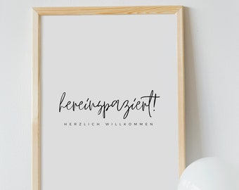 Poster Deko für den Flur (Diele, Eingang, Treppenhaus) "hereinspaziert", Typografie Druck, Minimalistisches Bild, Herzlich Willkommen Spruch