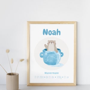 Geburtstafel Sternzeichen Wassermann Poster personalisiert (Print auf DIN A4/A5) Otter Bild Geschenk, Kinderzimmer Dekoration