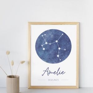 Sternzeichen Poster personalisiert mit Konstellation des Sternbilds, Name und Geburtsdatum (Print auf DIN A4 / A5) als Geschenk