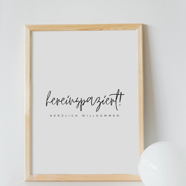 Poster Deko für den Flur (Diele, Eingang, Treppenhaus) "hereinspaziert", Typografie Druck, Minimalistisches Bild, Herzlich Willkommen Spruch