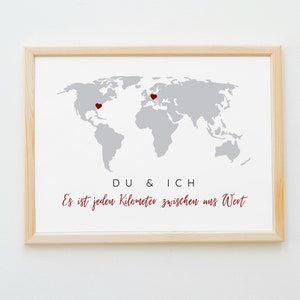 Weltkarte mit Wunschtext als romantisches Poster-Geschenk (Fernbeziehung, Jahrestag, Hochzeit), ungerahmter Druck, Koordinaten Bild