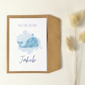 Karte zur Taufe mit Wal (personalisiert, Aquarell/Wasserfarben Stil) gedruckt auf 100% Recycling Papier