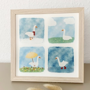 Gänse Kunstdruck quadratisch mit den vier Jahreszeiten auf Leinenpapier, süßes Tier-Poster für Kinderzimmer oder Gänse Fans, lustige Gans