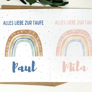Karte zur Taufe mit Regenbogen und Punkten (personalisiert, Boho Stil) als Glückwunsch Geschenk, gedruckt auf 100% Recycling Papier