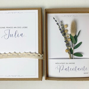 Geschenkbox zum Patentante, Patenonkel, Brautjungfer oder Trauzeugin fragen, personalisiert, mit Trockenblumen Strauß, Hochzeit, Taufe