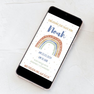Einladung zur Taufe digital mit Boho Regenbogen, personalisierte eCard als Download zum Versenden per Chat App auf dem Smartphone