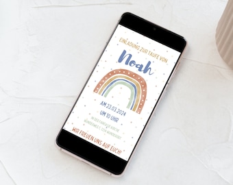 Digital baptism invitation with boho rainbow, personalized eCard as a download to send via chat app on your smartphone