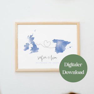 Affiche numérique de pays comme cadeau pour les relations à distance, l'émigration, le jeune au pair ou une année à l'étranger en téléchargement pour imprimer vous-même