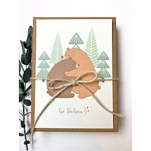 Geschenkschachtel mit Bärenumarmung zum Geburtstag/Weihnachten/Abschied, personalisierte Geldgeschenkbox aus Kraftkarton mit Jutesäckchen