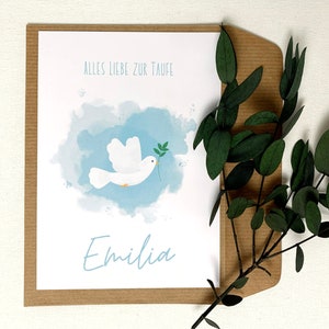 Karte zur Taufe mit Taube (personalisiert, Aquarell/Wasserfarben Stil) gedruckt auf 100% Recycling Papier, Glückwunschkarte als Geschenk