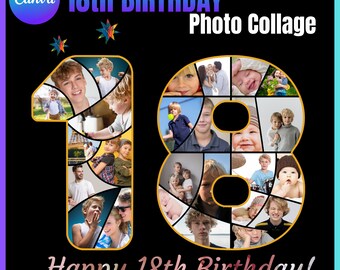 18th Birthday / anniversary Photo Collage Template, Personalized Birthday Gift for Her, Gift for Him, custom photo gifts, Canva Mockup.