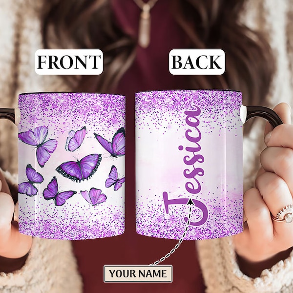 Purple Glitter Butterfly Personalized Mug, Custom Name Cup for Man Women, Coffee Tea Cup Gift For Him For Her, Birthday Gift