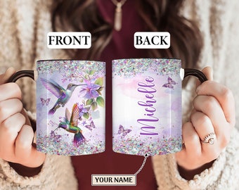 Hummingbird Purple Glitter Personalized Mug, Custom Name Cup for Man Women, Coffee Tea Cup Gift For Him For Her, Birthday Gift