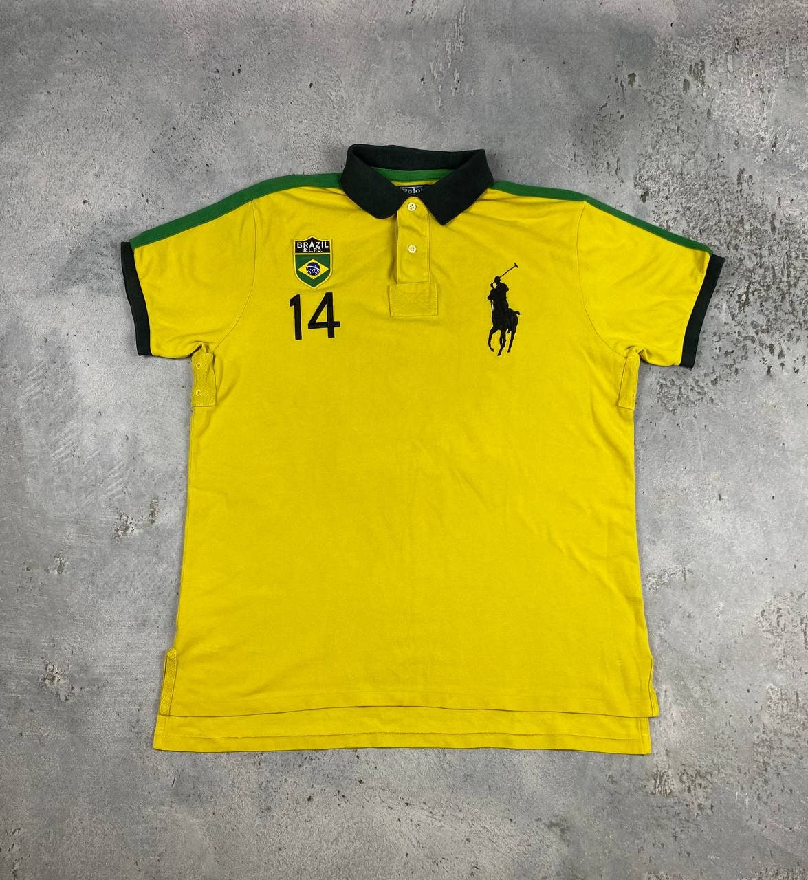 Lemarri BRAZIL Soccer Team Polo Shirt Mens L Yellow Green Flag Short Sleeve