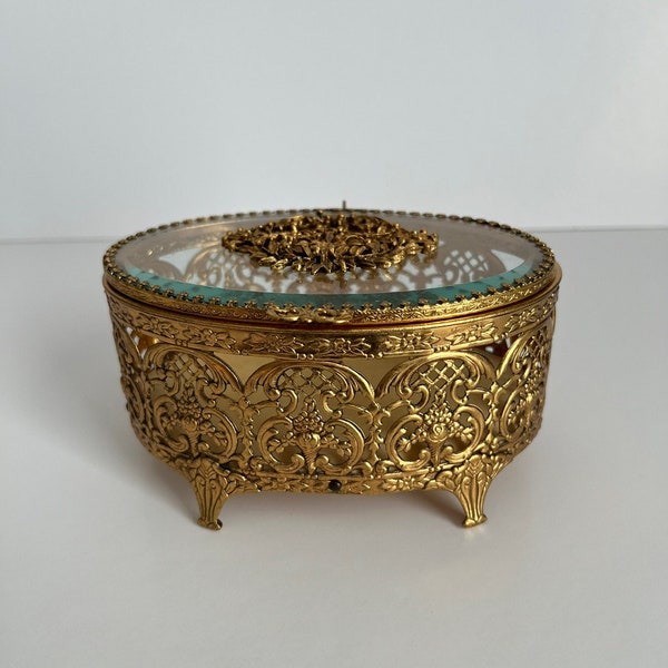 Elegant Vintage brass Filigree Jewelry Casket with beveled glass top - Ornate Jewelry Box
