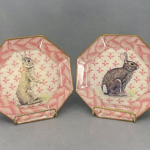 Vintage Moonlighting Interiors Hexagonal Decoupaged Plates with Rabbit Motif. Qty 2 Plates Total.