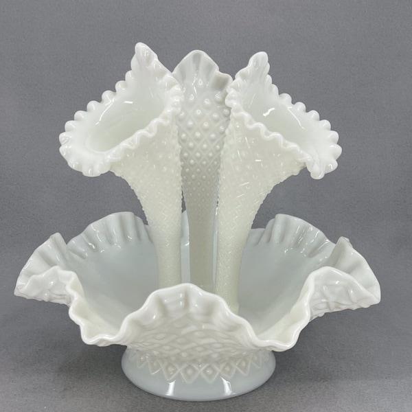 Vintage Fenton Large Diamond Lace Milk Glass Epergne 3 Horn Vase. 1 Vase and 3 Horns - 4 Items Total.