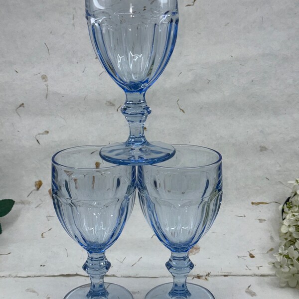 Libbey Duratuff Yellow/Mist Blue Water Goblets, Vintage Heavy-Duty Glass. Set of 3.  EUC no chips or cracks. Collection: Gilbralter P/11-3,