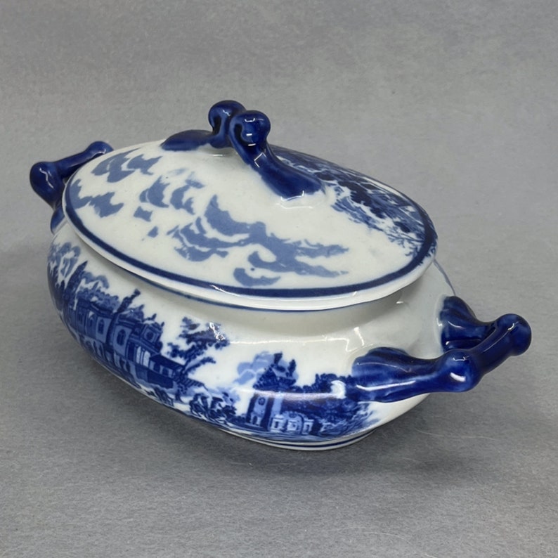 Antique Flow Blue Transferware Ironstone Lidded Dish 8 1/2w X 4 1/4t X ...