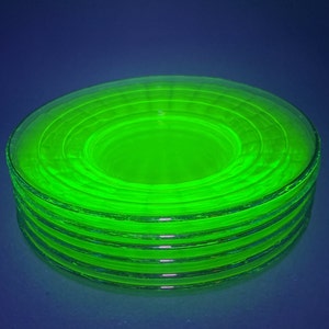 GLOWS Vintage Uranium Green Glass Salad Plates with Gold Gilding in Block Optic Pattern. Qty 6 Plates.