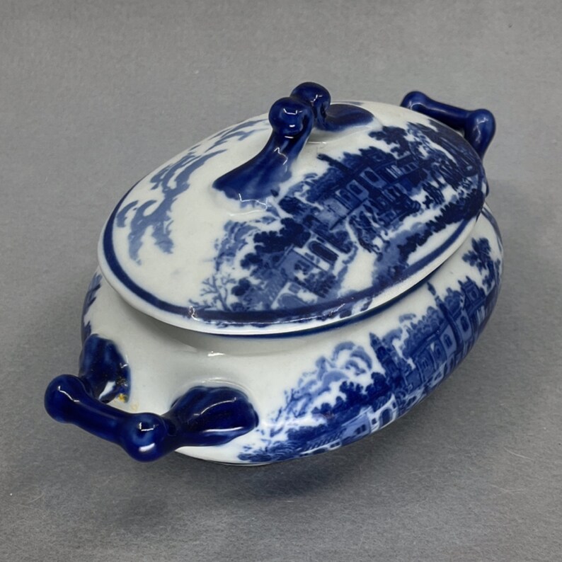Antique Flow Blue Transferware Ironstone Lidded Dish 8 1/2w X 4 1/4t X ...