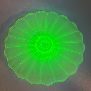 GLOWS Vintage Uranium Green Glass Footed Plate (10"D). Qty 1.