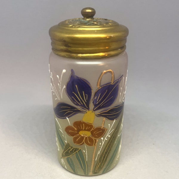 Antique Dresser Set Glass Powder Jar Small (3 1/2" T X 1 3/4"W) with Metal Lid that Opens/Closes - Floral Motif. Qty 1
