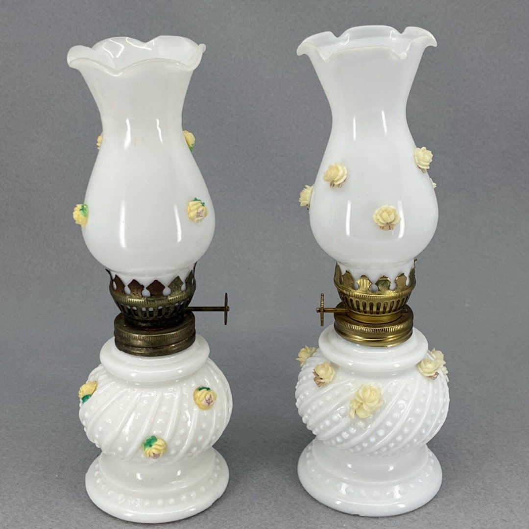 Vintage Pair of Small Hobnail Milk Glass Oil Lamps With Milk Glass