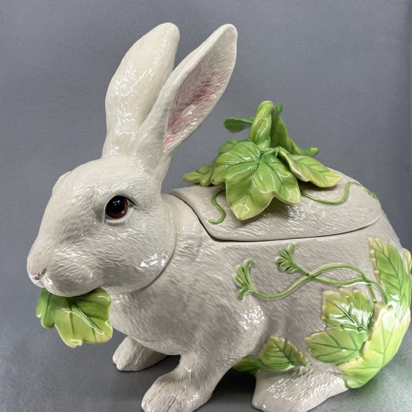 RETIRED Vintage Fitz and Floyd Le Lapin Rabbit Tureen with Lid and Ladle ( 12"L X 10 1/2" T X 7" W) Large . Qty 1.